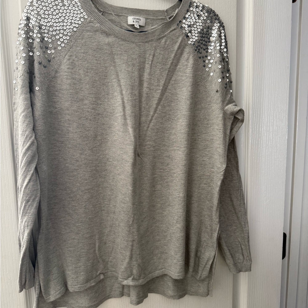 Crown & Ivy Gray Sequin Shoulder Sweatshirt